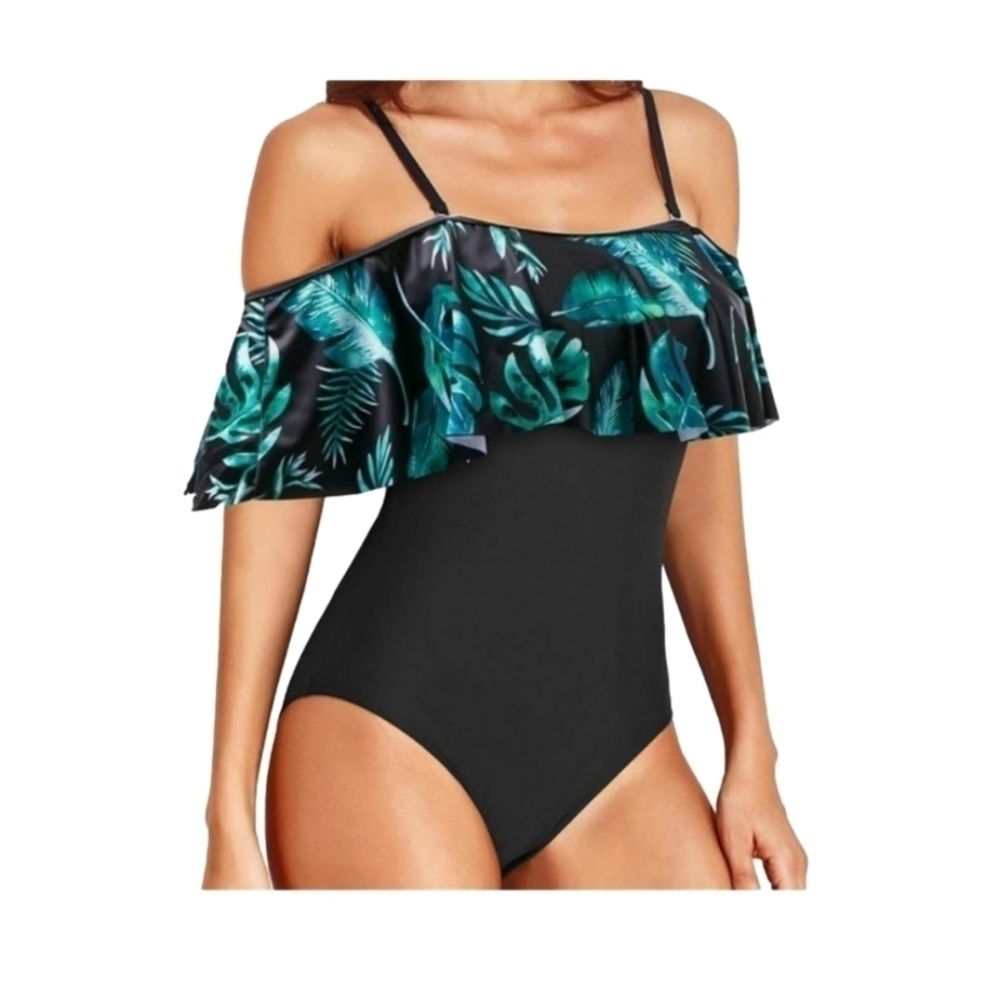 Tempt Me One Piece Swim Suit Tropical Print Off Shoulder